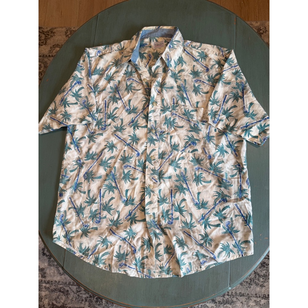 Bugle Boy Company Mens Medium Cotton Tropical Palm Tree Golf Club Button Up